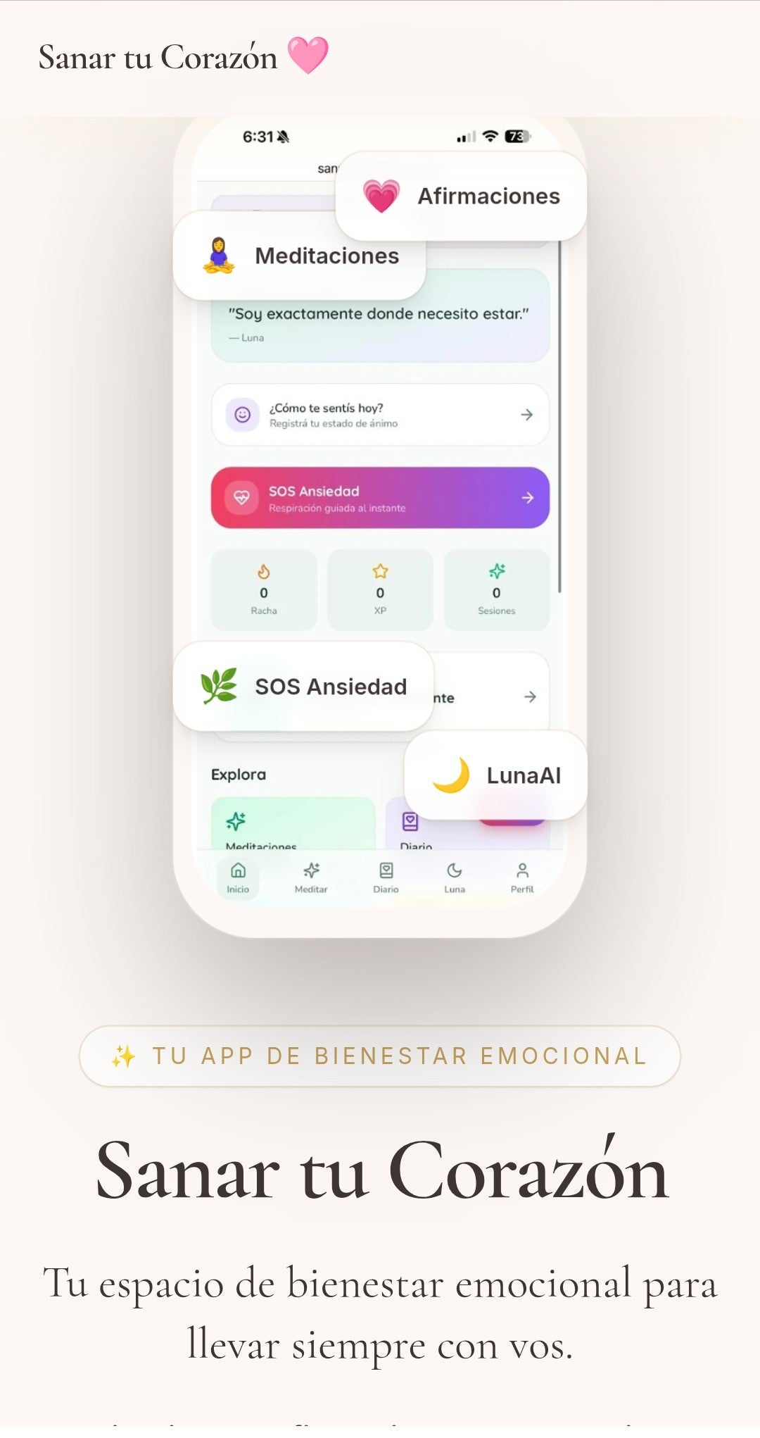 Pantalla principal de la app Sanar tu Corazón