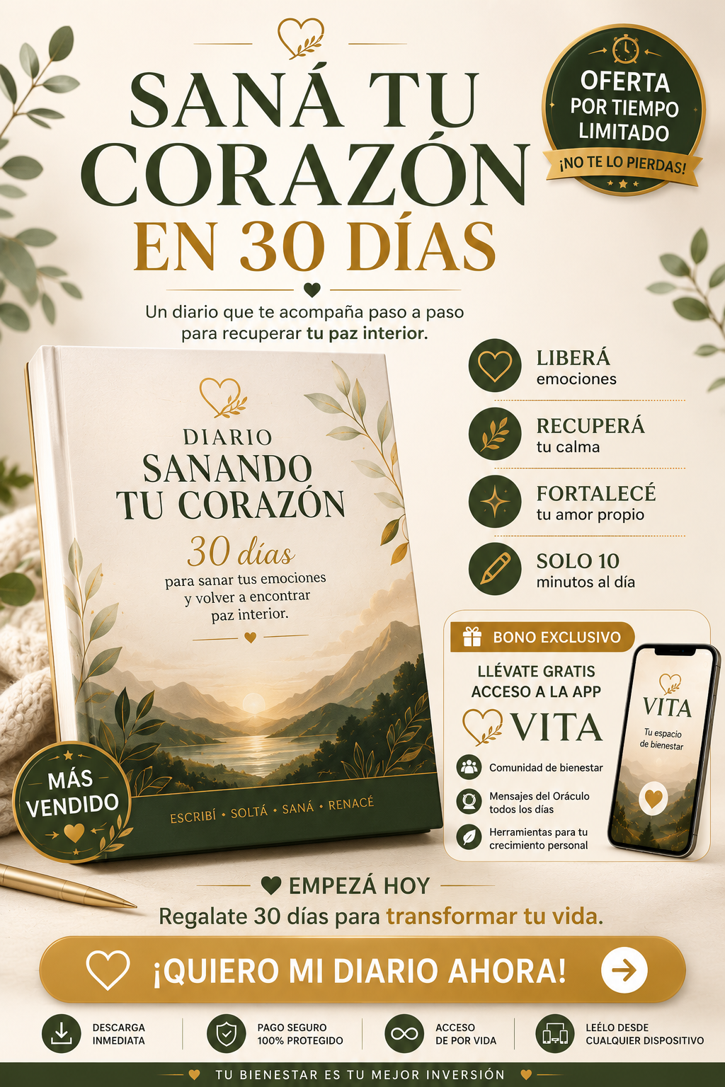 💙 DIARIO SANANDO TU CORAZÓN 30 días para sanar tus emociones y volver a encontrar paz interior ✨ Escribí. Soltá. Saná. Renacé..
